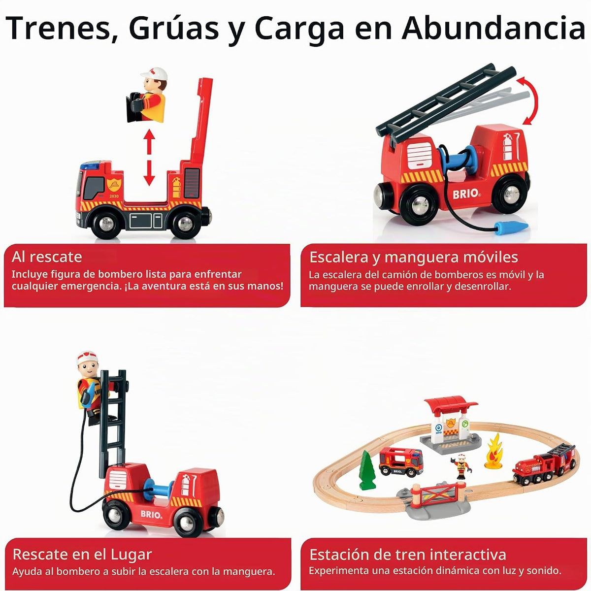 BRIO World Rescue - Juego de bomberos de 18 piezas con certificación FSC y accesorios, motor de tren de bomberos con luces y sonido, pistas de madera y más, funciona con todos los juegos de trenes de madera, a partir de 3 años