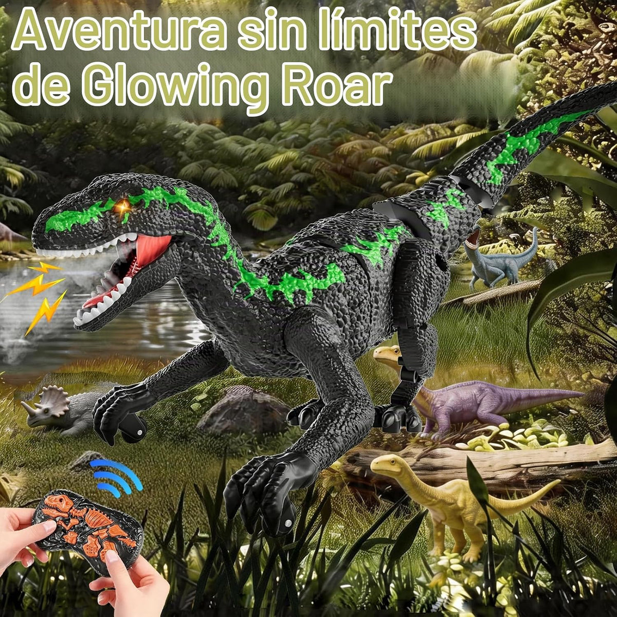 Juguetes de dinosaurio a control remoto para niños de 3 a 12 años, juguete velociraptor RC de 2.4 GHz con luces, sonidos y modo de demostración, juguete de dinosaurio interactivo recargable