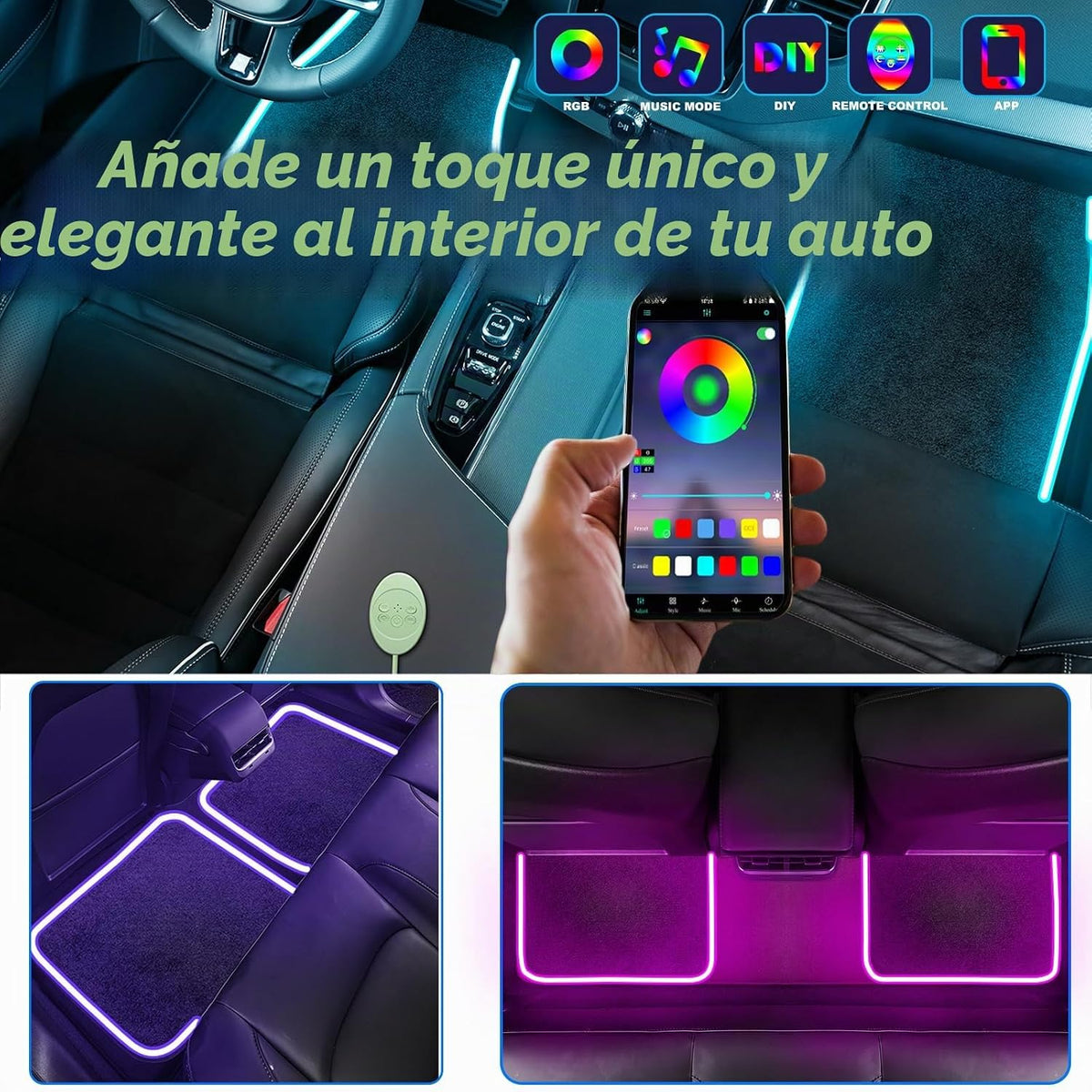 Alfombrillas suaves para el piso del auto con tira de luz LED, ajuste universal, alfombra automotriz negra, alfombrillas para el piso con luces interiores del automóvil con control por aplicación