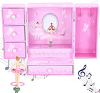 Jewelkeeper Caja organizadora grande de joyas, figura musical giratoria, organizador de accesorios de dos puertas con 4 cajones, 2 ganchos, almacenamiento de madera para anillos, collares, aretes