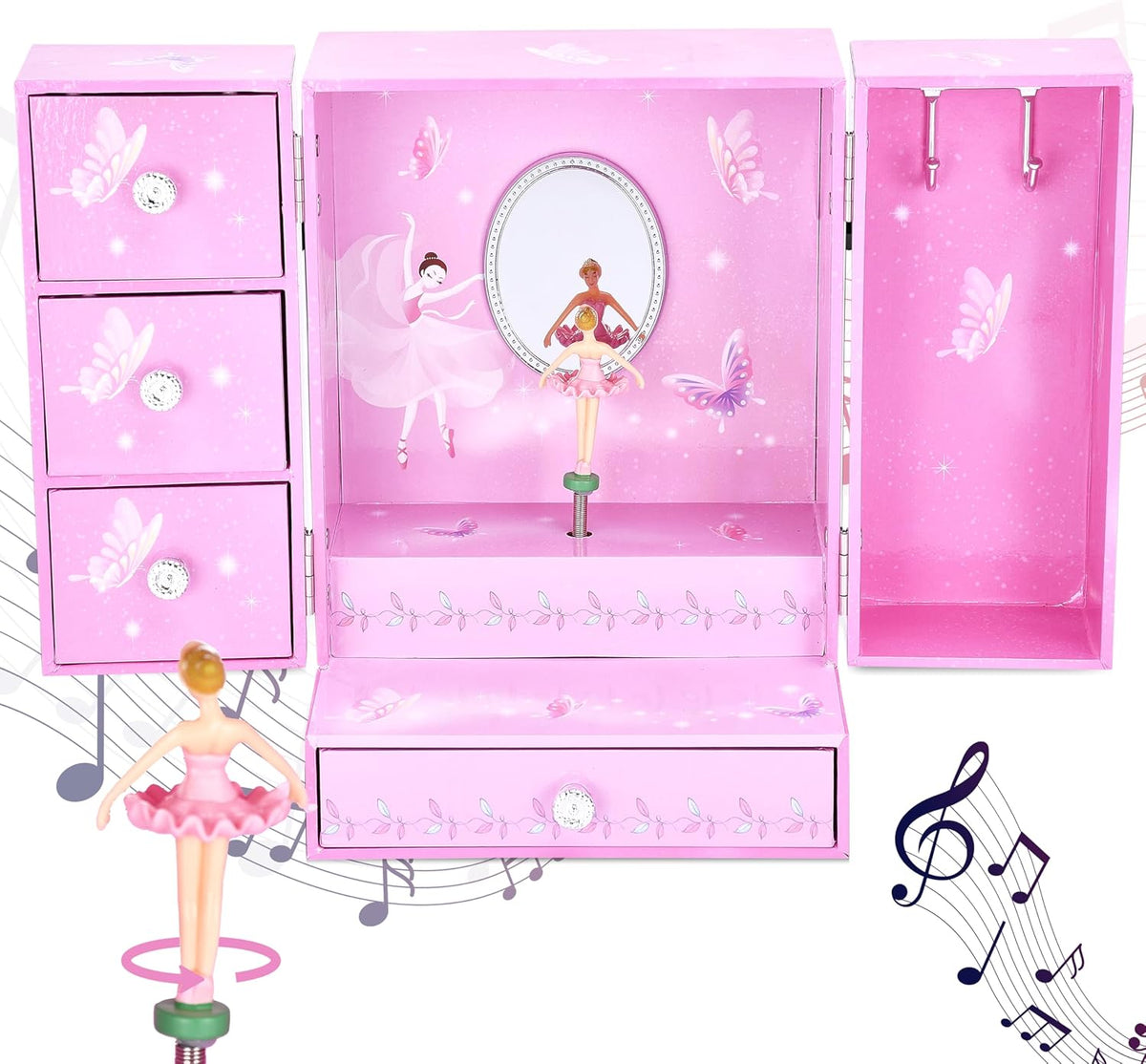 Jewelkeeper Caja organizadora grande de joyas, figura musical giratoria, organizador de accesorios de dos puertas con 4 cajones, 2 ganchos, almacenamiento de madera para anillos, collares, aretes