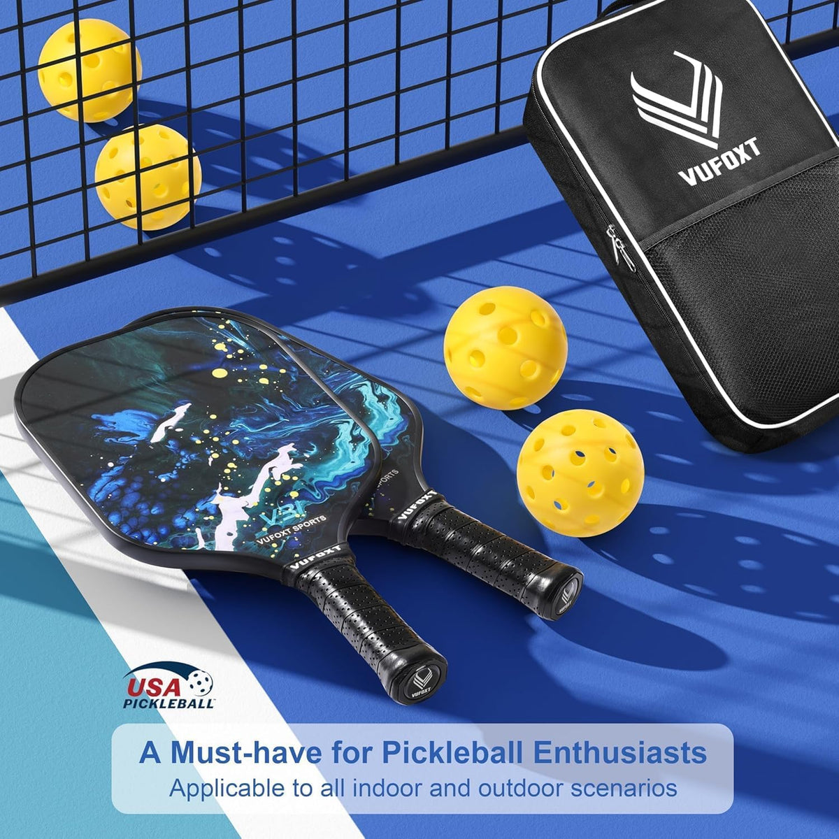 Juego de 2/4 palas de pickleball aprobadas por USAPA, juego de bolas de fibra de carbono aprobadas por USAPA – Núcleo de panal de polipropileno de 0.551 in de raquetas ligeras de pickleball – Adecuado
