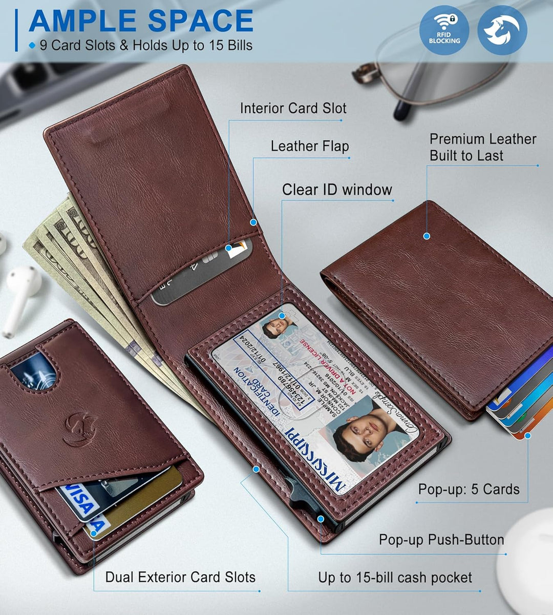 Housmai Cartera para hombre, tarjetero desplegable delgado con bloq...