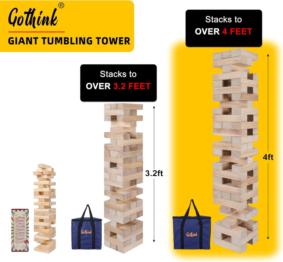 Giant Tumble Tower Game, Large Tumbling Tower Stacking a Over 4 FT 54pcs Wooden Jumbo Blocks para Outside Yard Games con Carry Case Timber Stacking Game Night Toy Gift para Kids Adults Family