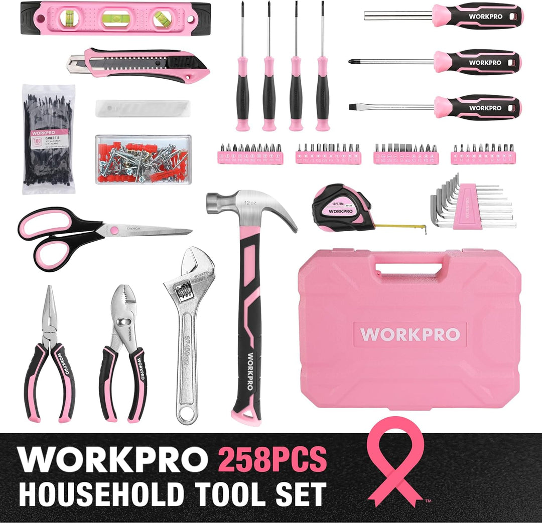 WORKPRO Juego de herramientas rosa, kit de herramientas de 258 piez...