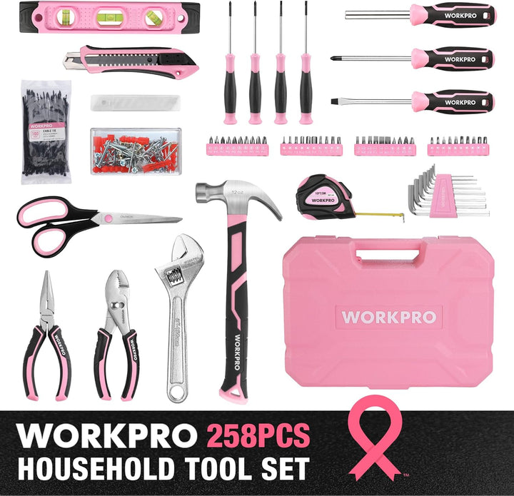 WORKPRO Juego de herramientas rosa, kit de herramientas de 258 piez...