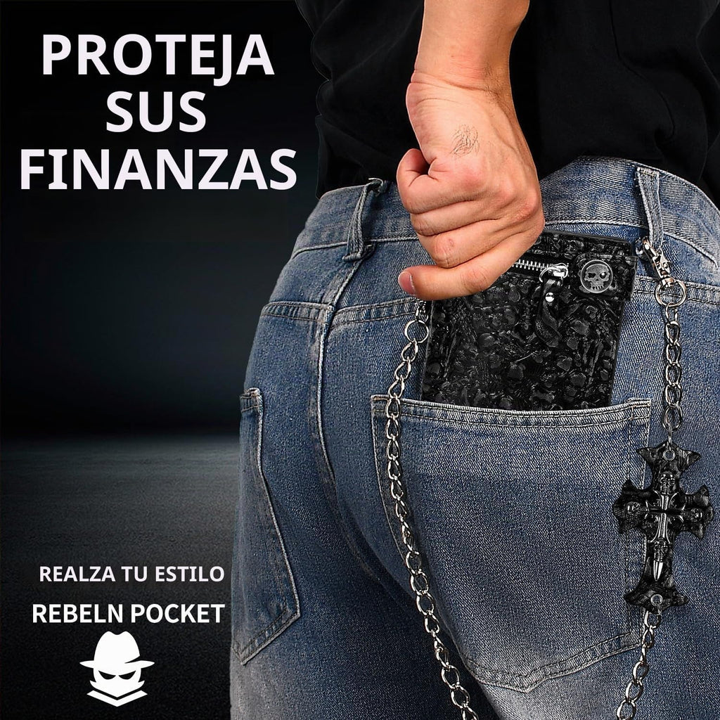 Cartera unisex gótica con cadena de calavera punk, cuero sintético, accesorios góticos de Halloween, color negro