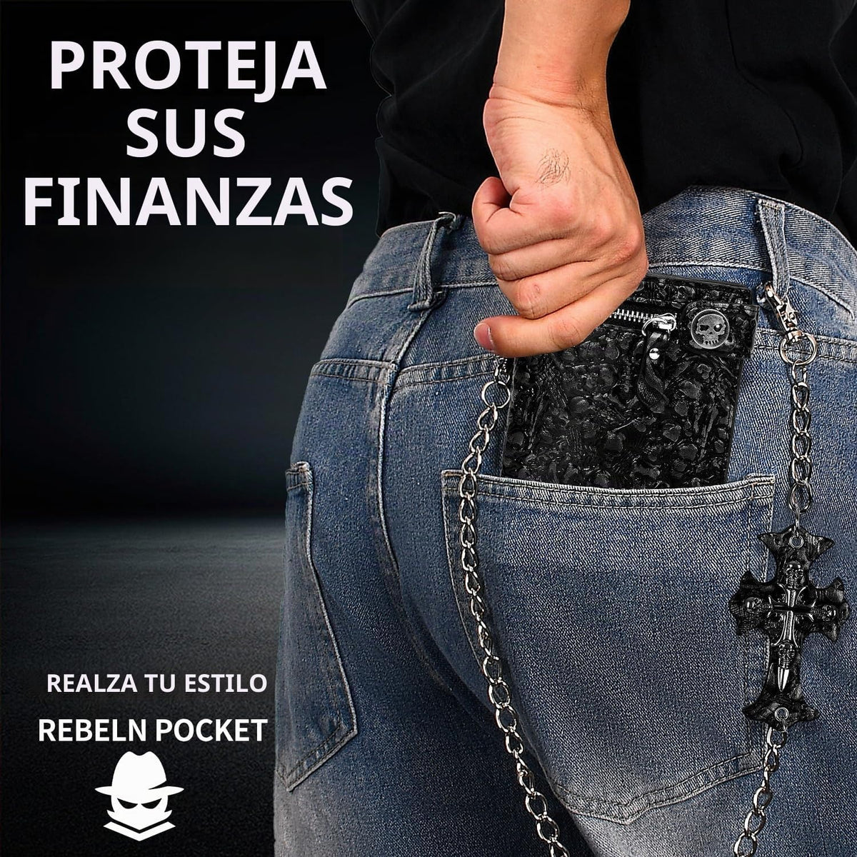Cartera unisex gótica con cadena de calavera punk, cuero sintético, accesorios góticos de Halloween, color negro