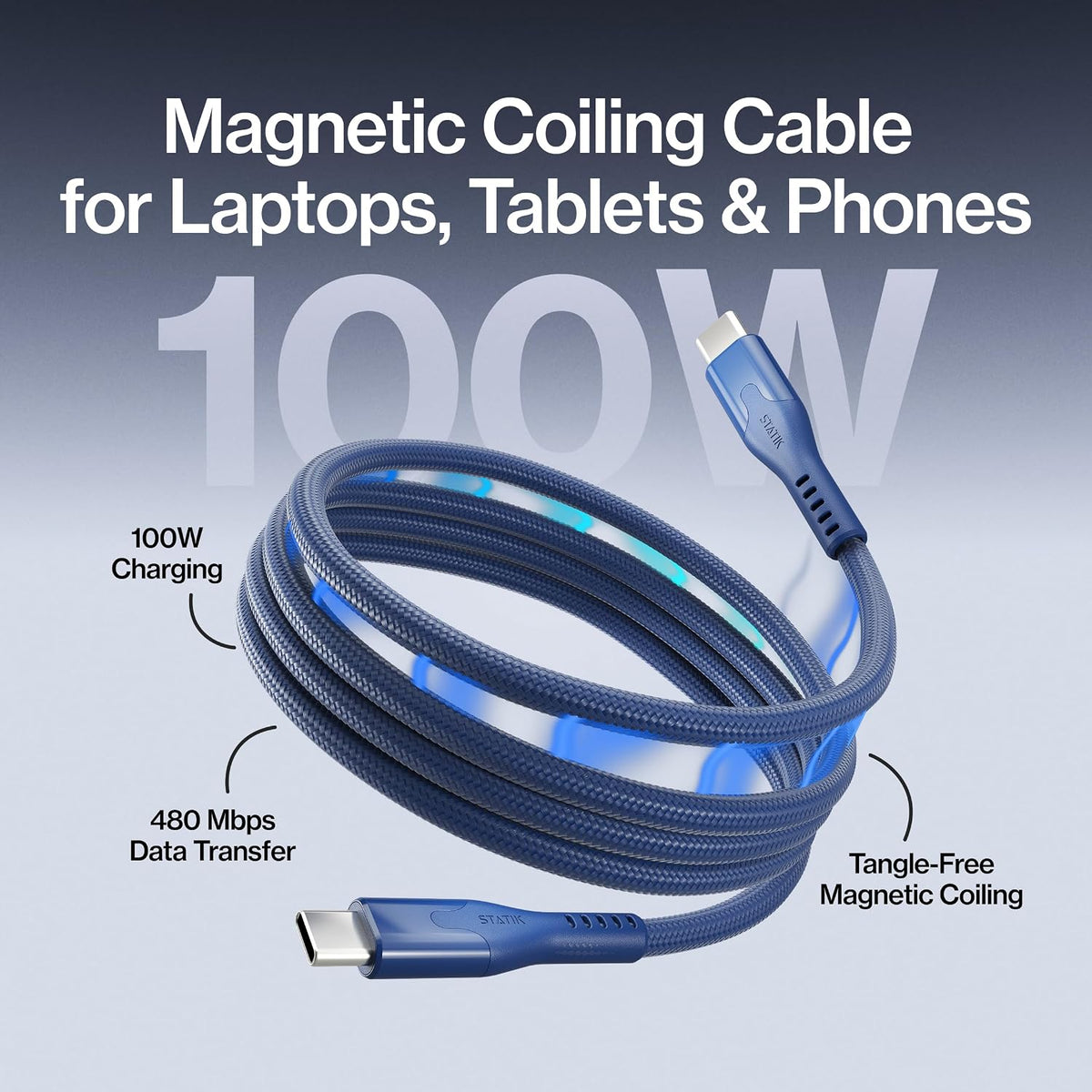 Statik MagStack Pro - Cable de carga magnético USB C a USB C, 100 W, diseño trenzado de nailon sin enredos, bobina magnética, transferencia de datos, compatible con iPhone y Android, 3 pies