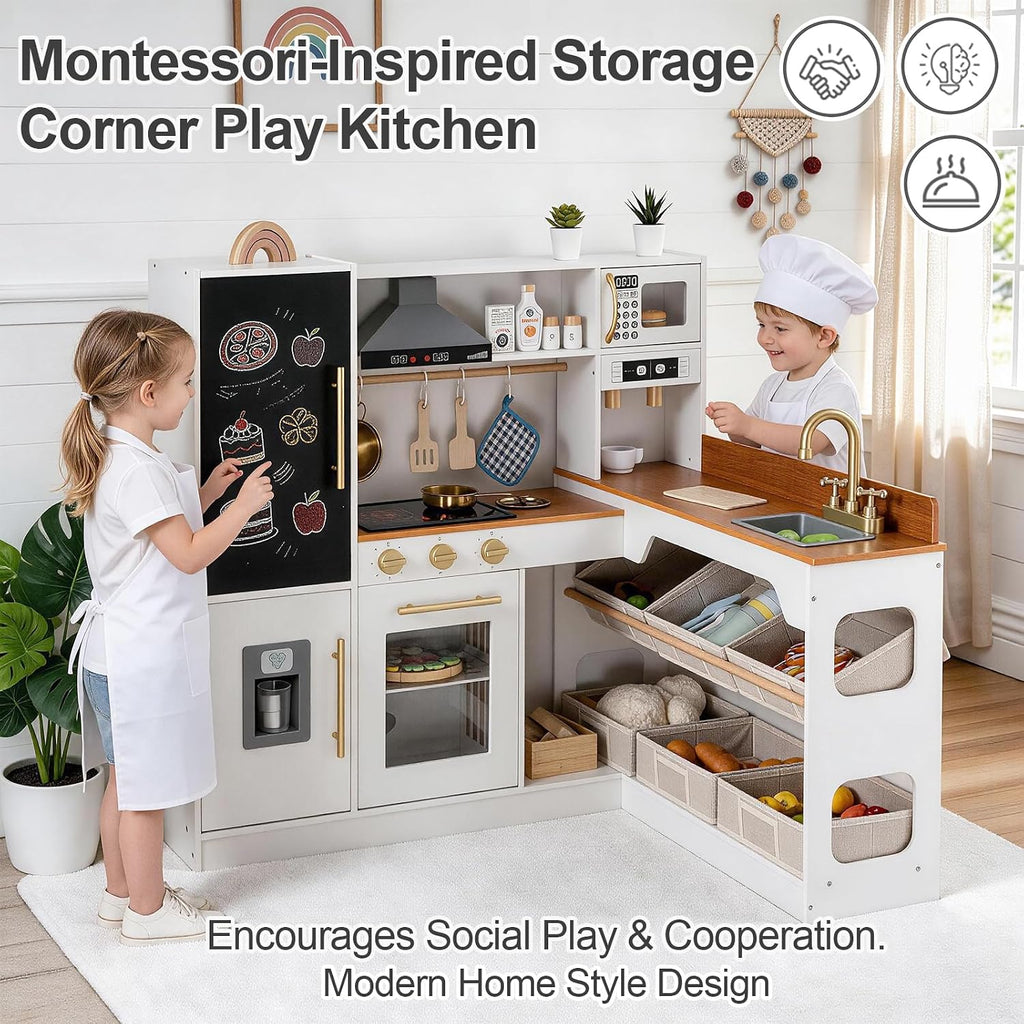 Cocina de juego de madera de esquina para niños con organizador