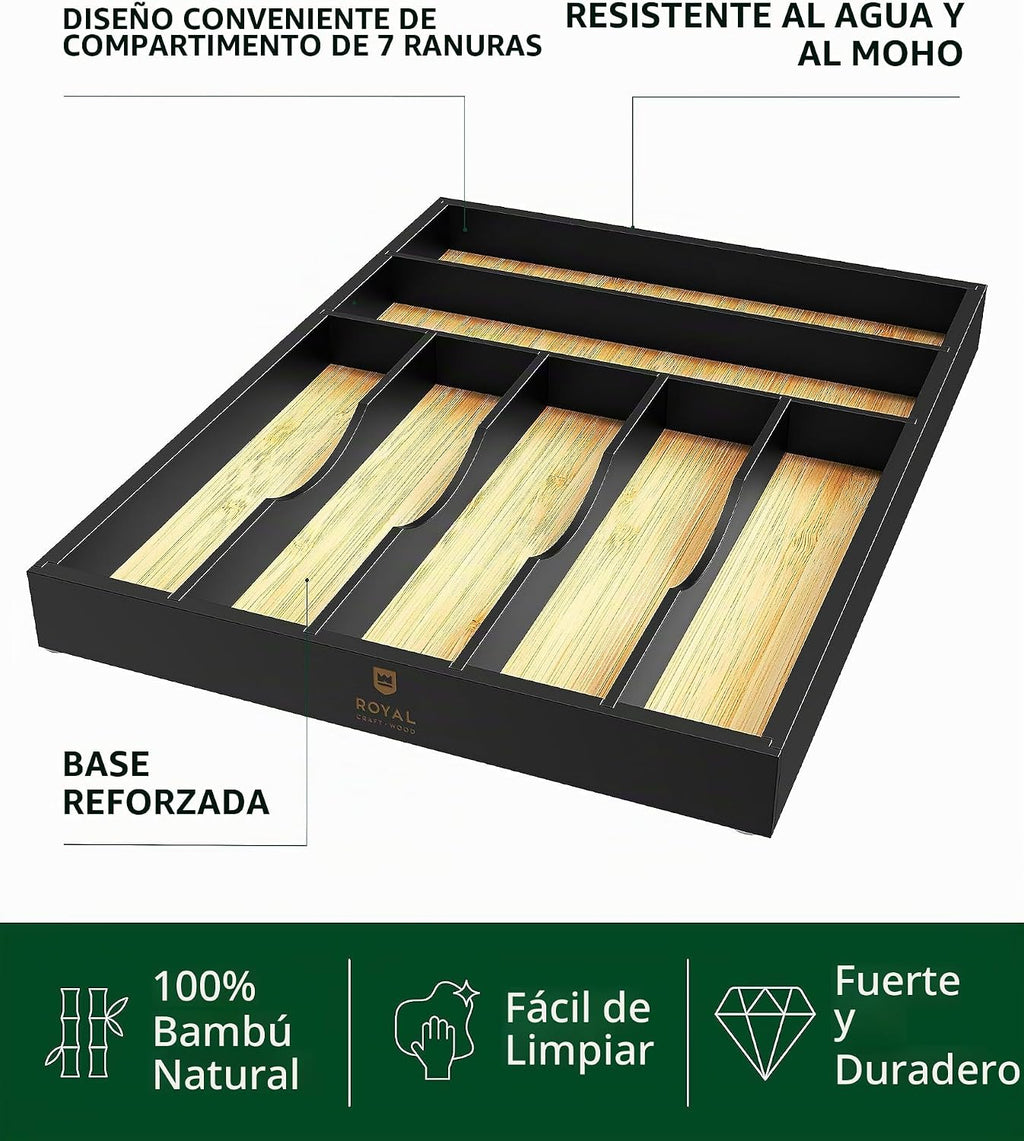 ROYAL CRAFT WOOD Organizador de cajones de cocina de bambú de lujo, organizador de cubiertos, soporte para utensilios y bandeja de cubiertos con separadores de cajones ranurados para cubiertos y