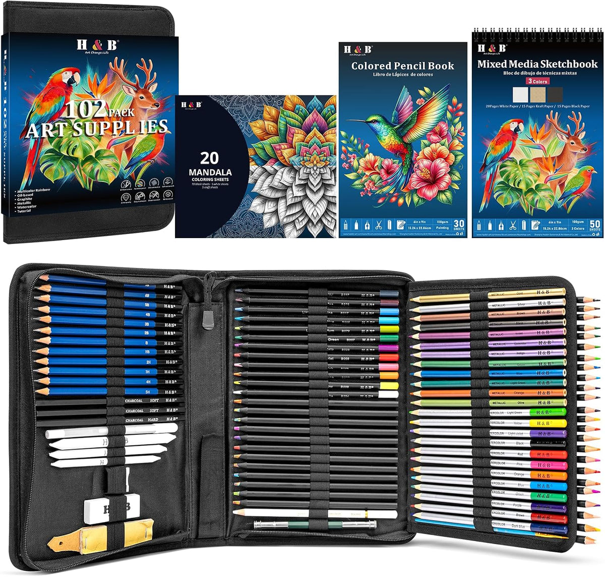 H & B Kit de boceto de 101 piezas para adultos con 3 libros y estuche con