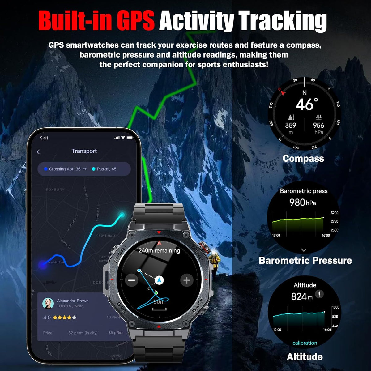 Reloj inteligente militar para hombre con GPS de doble banda