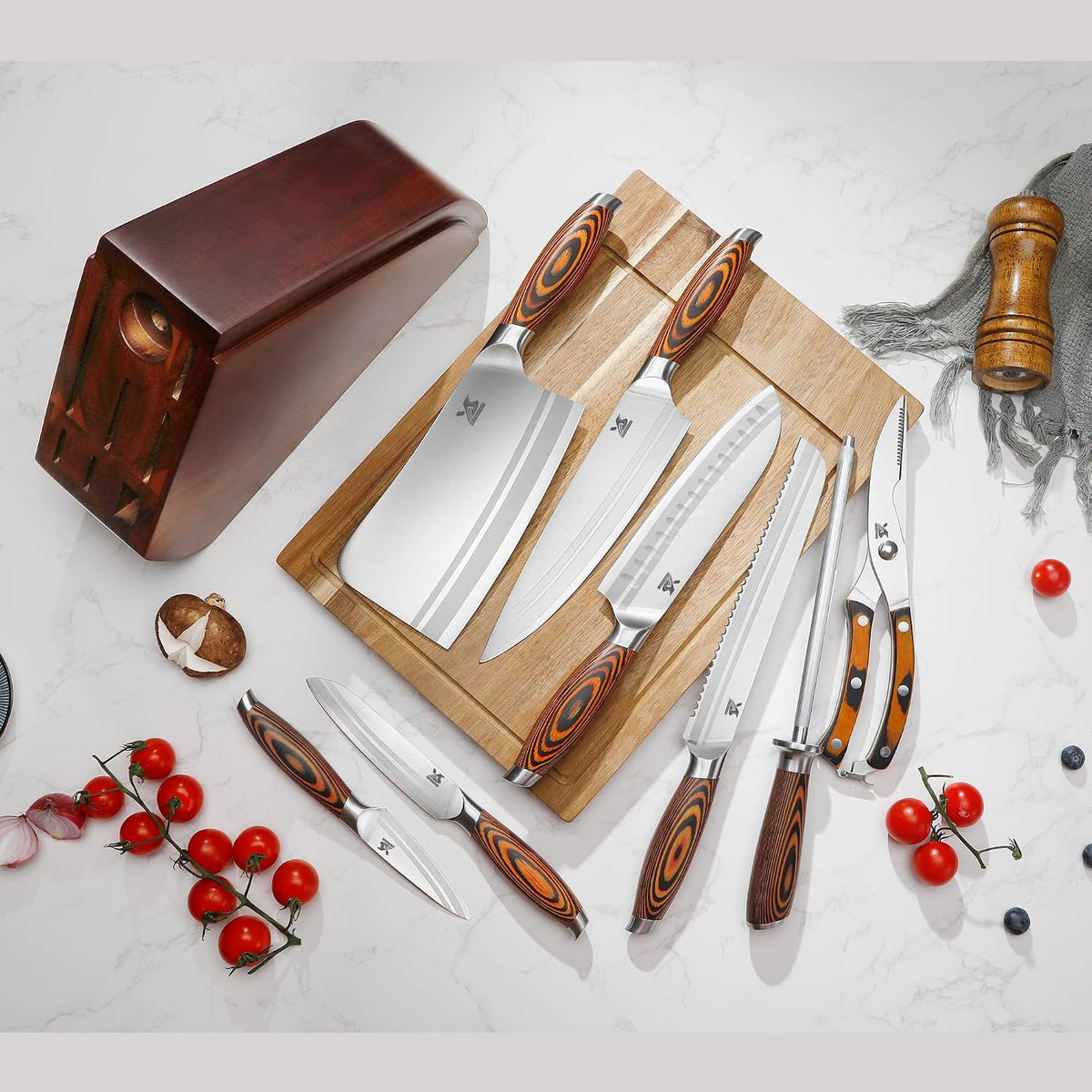 Juego de 9 piezas de cuchillos de cocina con bloque, juego de cuchillos de acero alemán con picador de huesos, mango de madera de Pakka preciosa para juego de cuchillos de chef