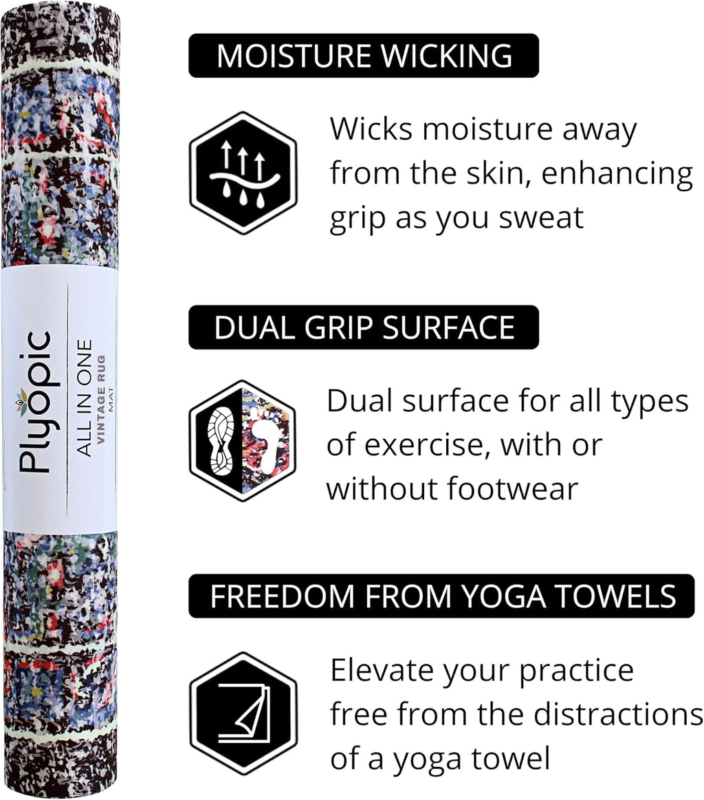 Plyopic. Tapete de yoga todo en uno, combo de tapete de lujo con agarre para el sudor, ideal para yoga, yoga caliente, bikram, pilates, entrenamiento y ejercicio, goma natural ecológica