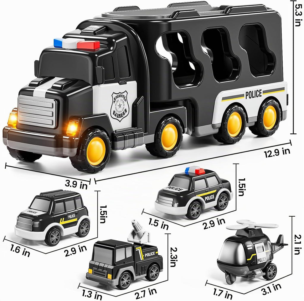 Camión de Policía de Juguete para Niños de 3 4 5 6 Años - Juego de Vehículo Portador con 3 Autos Pequeños y 1 Helicóptero, Auto de Fricción para Niños de 3-9 Años, Regalos para Niños y Niñas