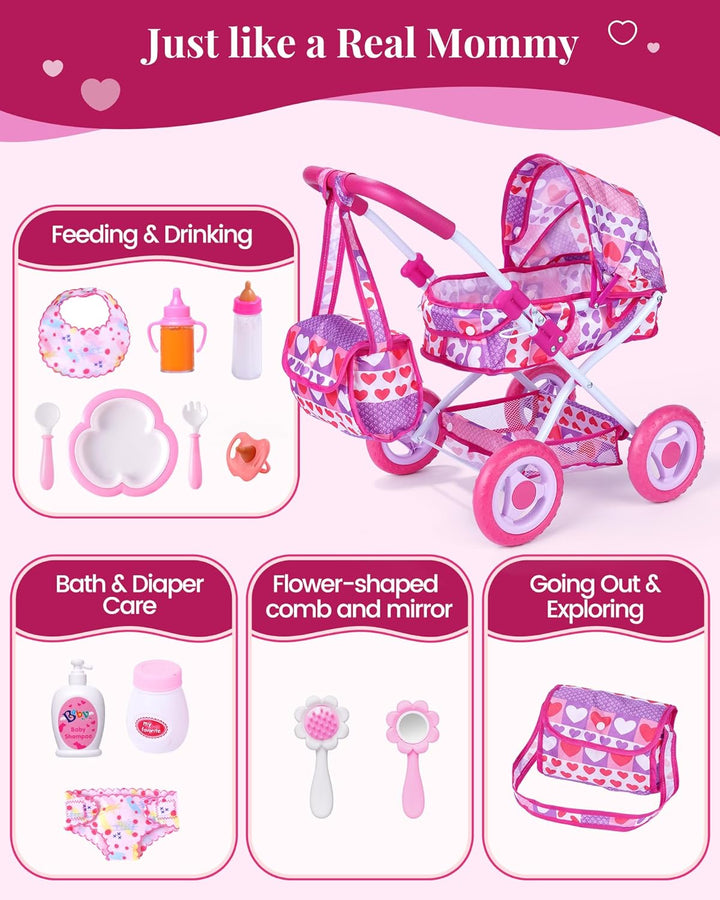 BABESIDE Juego de cochecito de muñeca de bebé, 10 piezas portátil c...