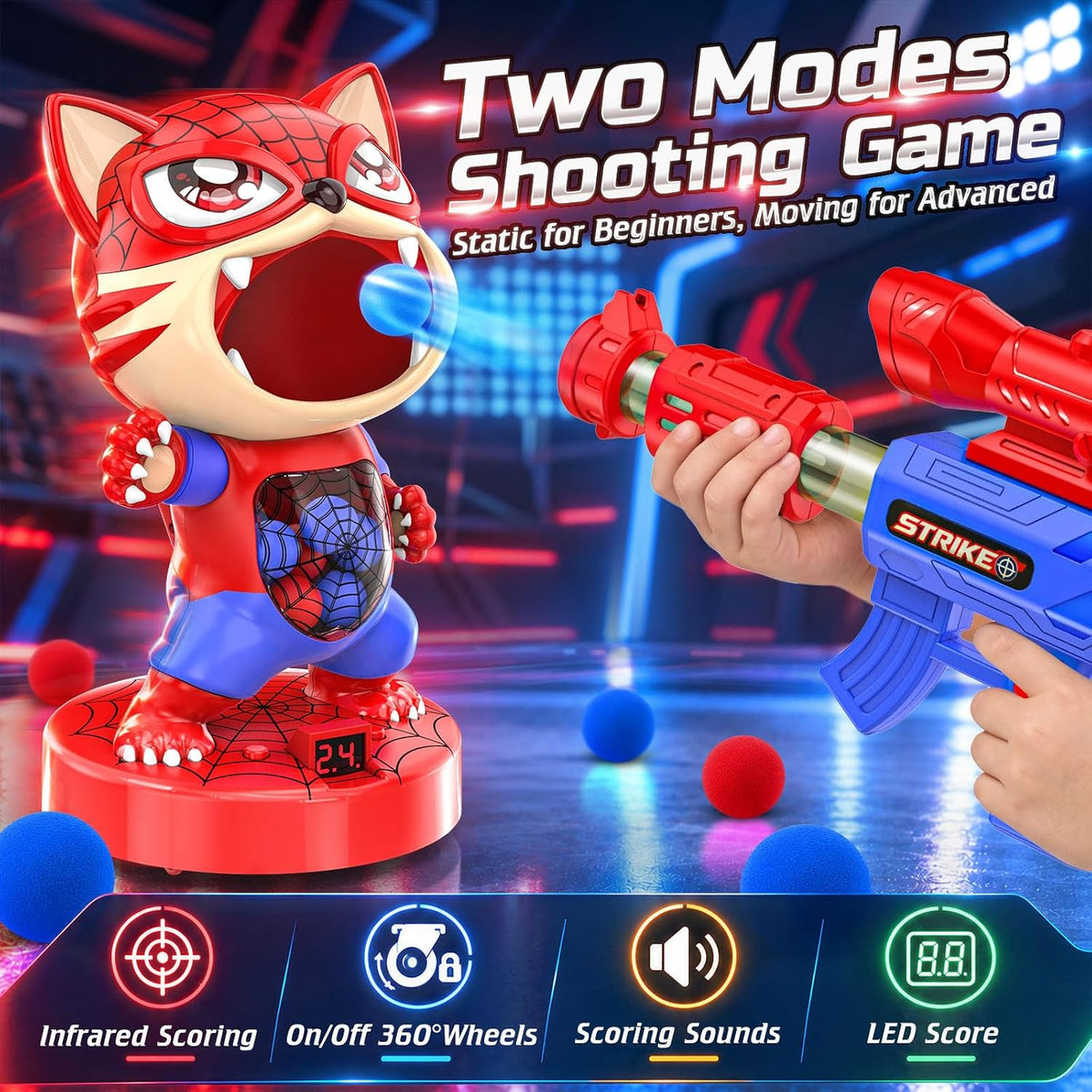 Juego de disparos de héroe de gato, juego de objetivos móviles para niños