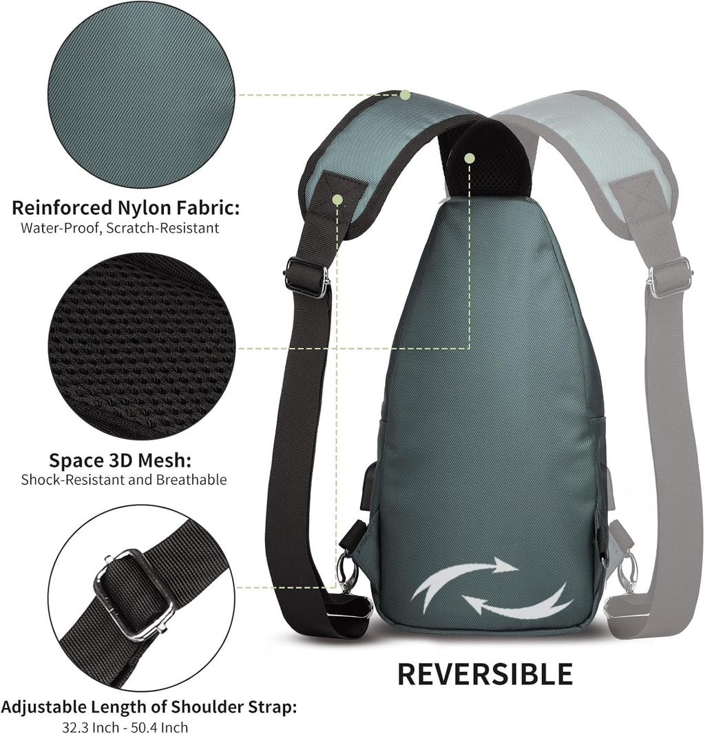 Bolso bandolera con puerto de carga USB, bolsa de hombro casual en el pecho con logotipo y tiradores de cremallera (verde)