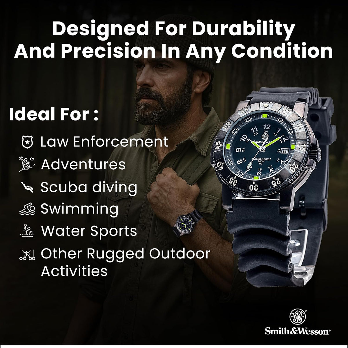 Smith & Wesson 357 Series Reloj táctico militar suizo de tritio H3, impermeable 20ATM para hombre, reloj de buceador de 45mm de campo con pantalla analógica, correa de goma, piezas suizas, movimiento