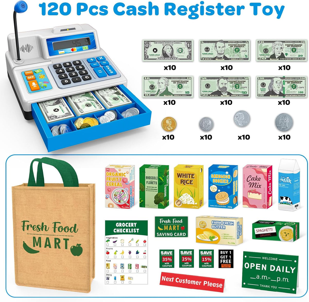 Juguete de caja registradora para niños, juego de 120 piezas de tienda de comestibles con tarjeta de crédito, cajas de comestibles, micrófono, calculadora, juguete de regalo para niños pequeños, gris