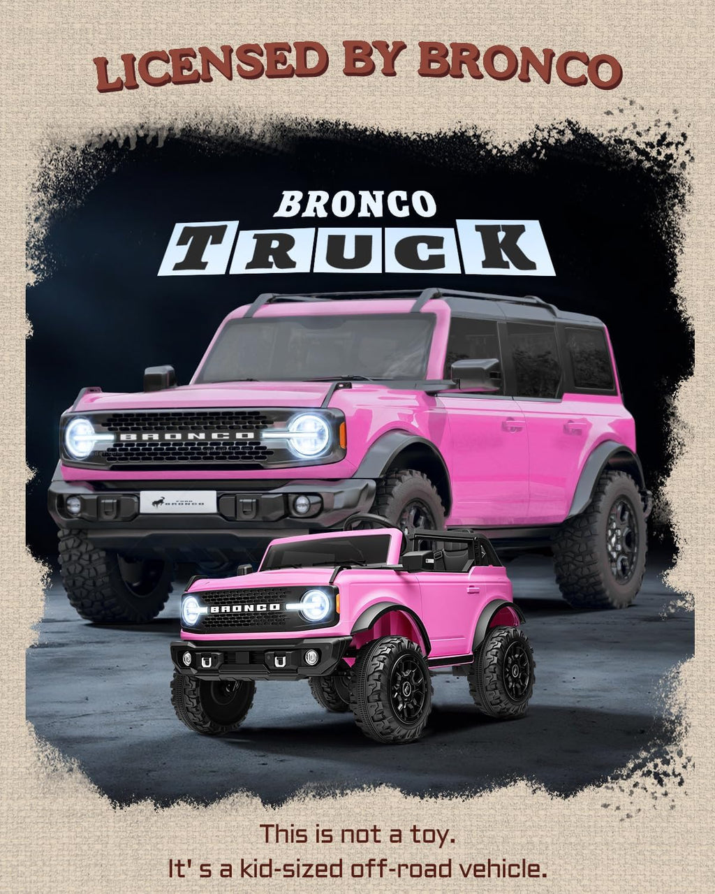 First Ride On Juguetes de paseo de 24 V para niños grandes, auto eléctrico de 2 plazas con licencia Ford Bronco Base con control remoto, camión con cinturones de seguridad, 3 velocidades, suspensión de resorte y Bluetooth (rosa)
