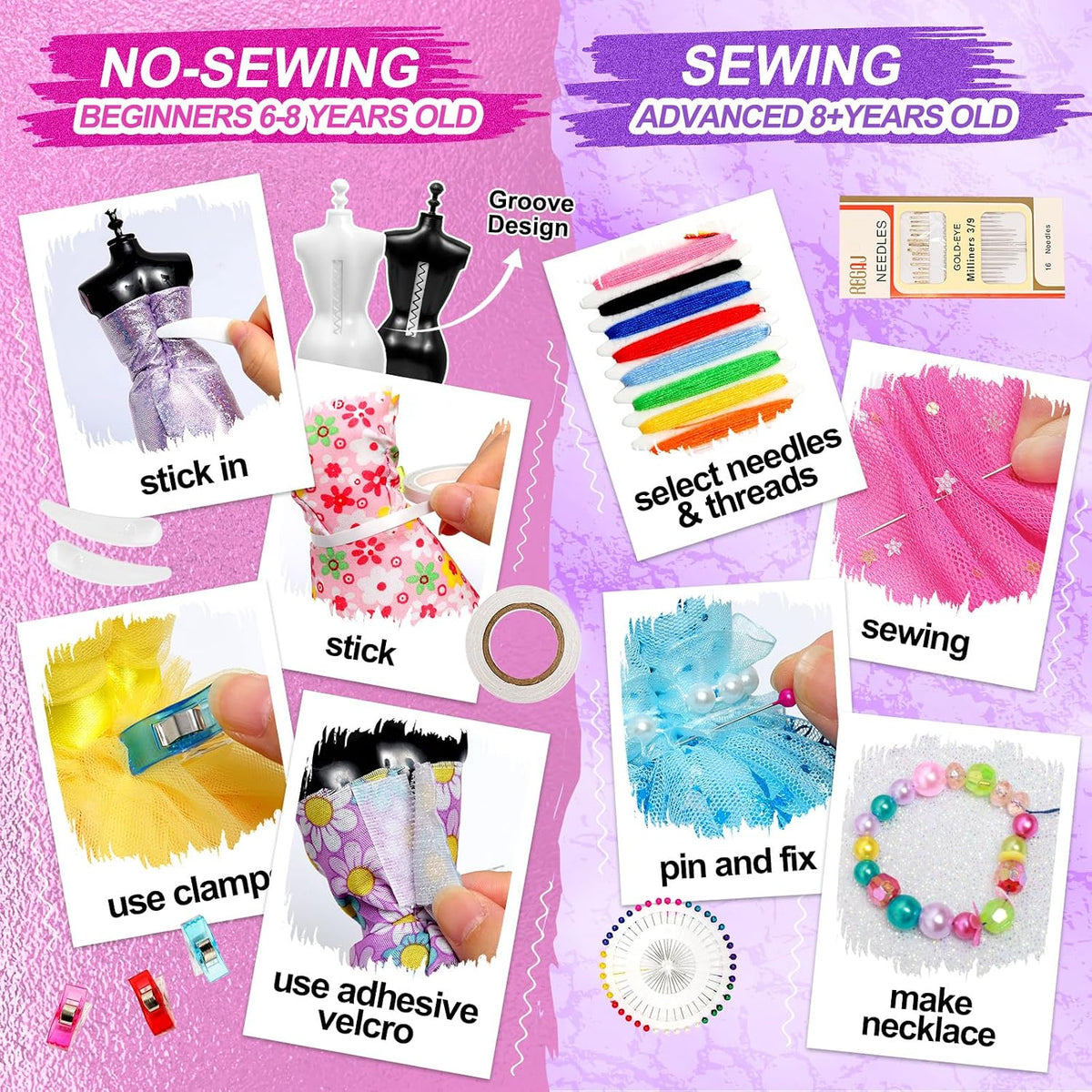 Sunrad Kits de diseñador de moda de 1500+ piezas para niñas con 6 maniquíes, kit de costura DIY para manualidades y artes para hacer ropa de muñeca, juguetes, regalos de cumpleaños para niñas de 6, 7