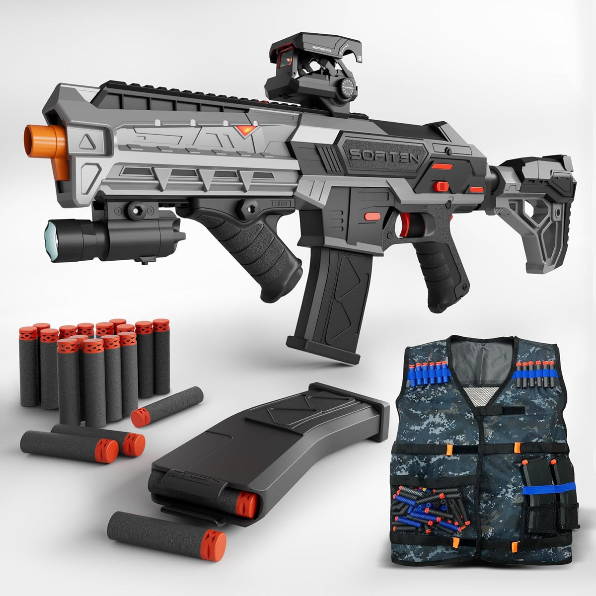SOFITEN Pistola de juguete automática con alcance ajustable, rifle de francotirador de juguete eléctrico con chaleco, linterna, agarre, juegos de disparo para interiores y exteriores, regalos para