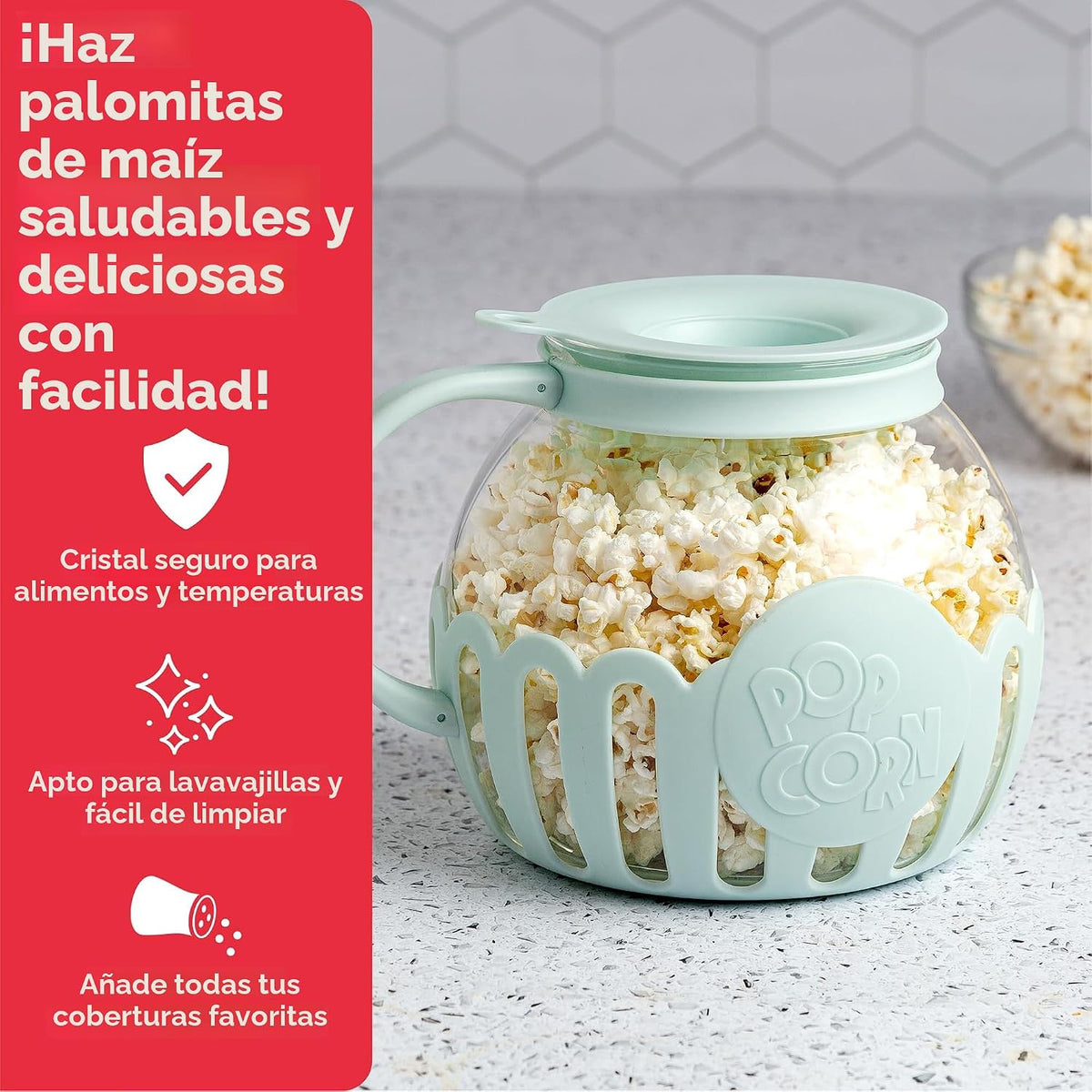 Ecolution - Palomitero MicroPop patentado para microondas, con vidrio seguro para temperatura, tapa 3 en 1 mide granos y derrite mantequilla, hecho sin BPA, apto para lavavajillas, 3 cuartos de galón