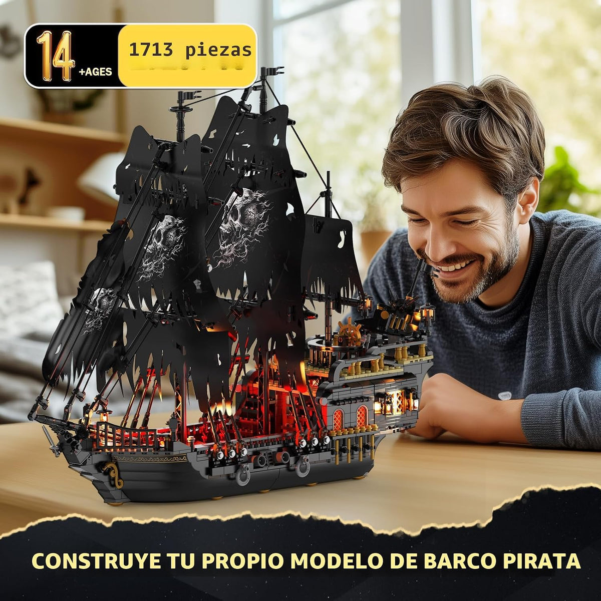 JMBricklayer negro Pirate Ship Model Building Set con Lights para Adults