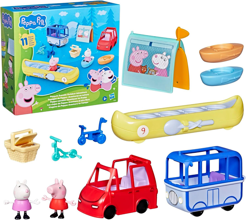 Peppa Pig Peppa's Travels: juego de aventura al aire libre, 2 figuras con mini coche y autobús, barcos, tienda de campaña y más, juguetes preescolares para niñas y niños mayores de 3 años