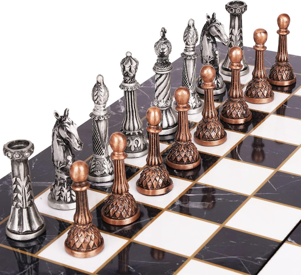Juego de ajedrez de metal retro para adultos y niños – Tablero de ajedrez veteado con piezas de ajedrez – Juego de ajedrez de viaje con piezas de metal – Tablero de ajedrez plegable – Ideal para