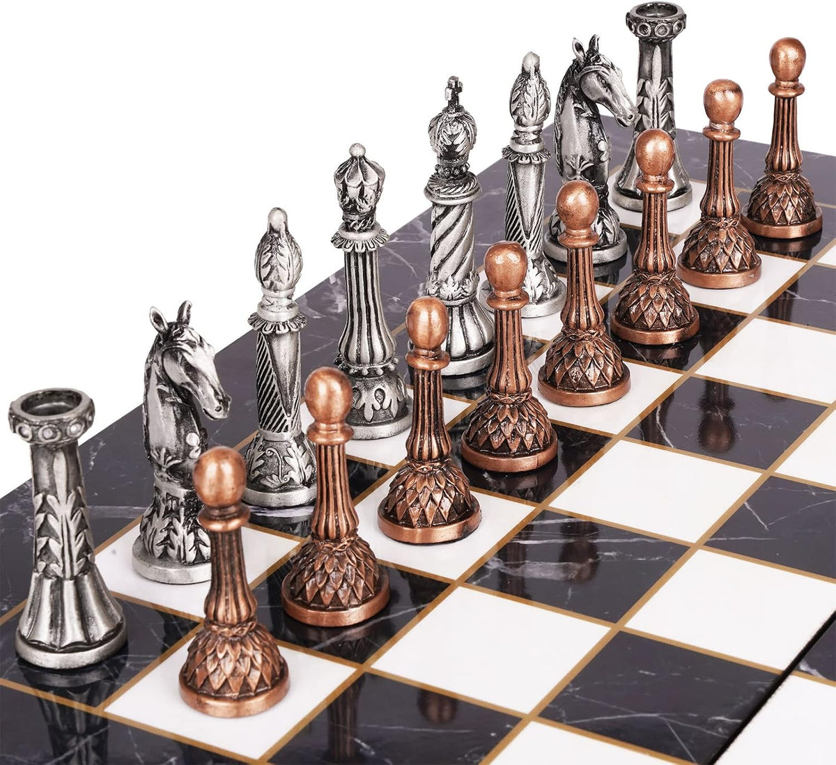 Juego de ajedrez de metal retro para adultos y niños – Tablero de ajedrez veteado con piezas de ajedrez – Juego de ajedrez de viaje con piezas de metal – Tablero de ajedrez plegable – Ideal para