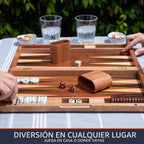 Pointworks Juegos de backgammon de 17 pulgadas para adultos. Hermoso juego de mesa de backgammon con incrustaciones de madera con damas y dados únicos. Juego de gammon de espalda grande tamaño de