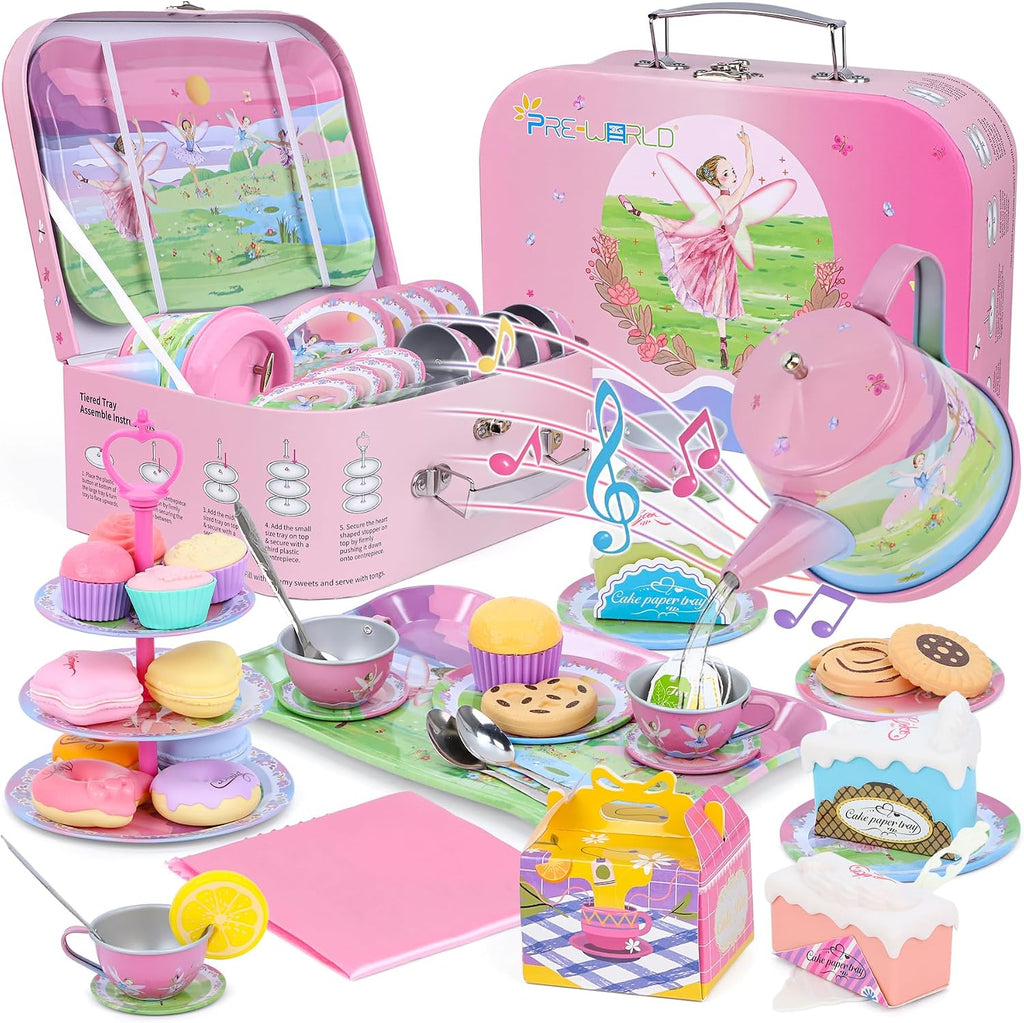 Juego de fiesta de té para niños de 3 a 5 años, juego de té musical de 53 piezas para niñas pequeñas con postres, galletas, donas, pastel, soporte para pastel, mantel y estuche de transporte, juguetes