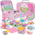 Juego de fiesta de té para niños de 3 a 5 años, juego de té musical de 53 piezas para niñas pequeñas con postres, galletas, donas, pastel, soporte para pastel, mantel y estuche de transporte, juguetes