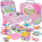 Juego de fiesta de té para niños de 3 a 5 años, juego de té musical de 53 piezas para niñas pequeñas con postres, galletas, donas, pastel, soporte para pastel, mantel y estuche de transporte, juguetes