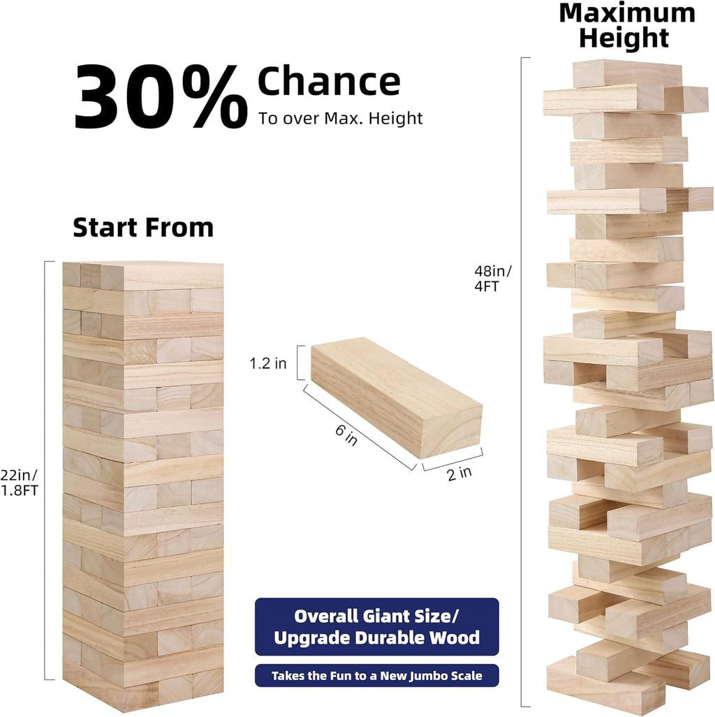 Giant Tumble Tower Game, Large Tumbling Tower Stacking a Over 4 FT 54pcs Wooden Jumbo Blocks para Outside Yard Games con Carry Case Timber Stacking Game Night Toy Gift para Kids Adults Family