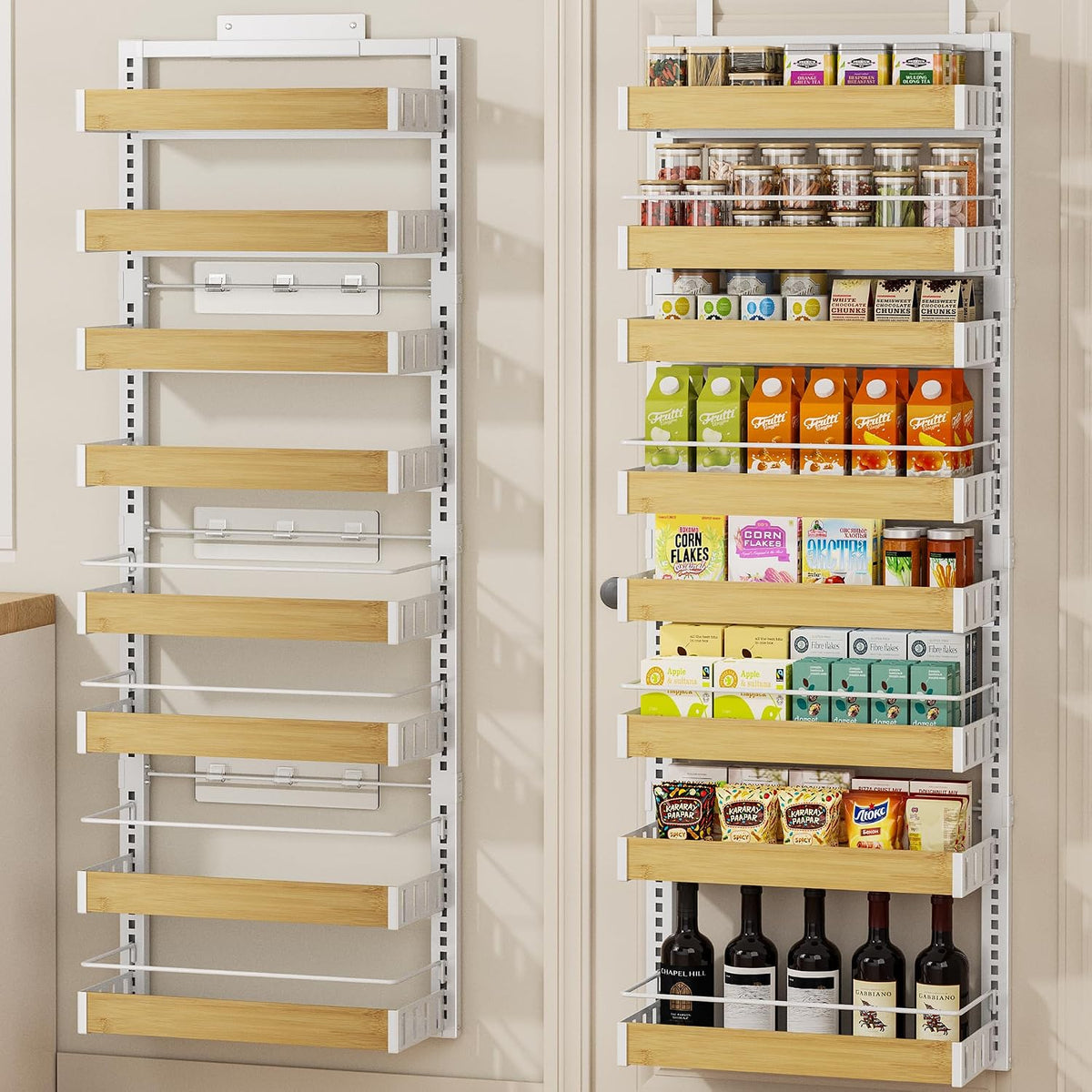 Organizador de despensa de 8 niveles para colgar sobre la puerta, 2 EN 1 de montaje en pared o estante de especias colgante, estantes de condimentos con canasta ajustable, organizador para la