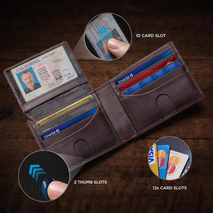 SERMAN BRANDS Cartera de cuero de grano completo para hombre, bloqu...