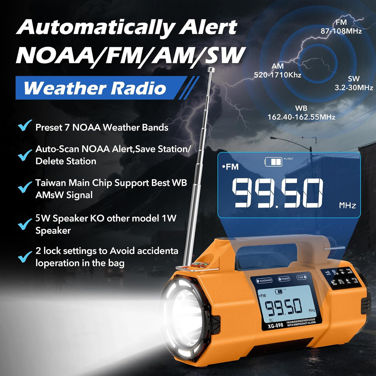 Radio solar de emergencia con manivela, radio meteorológica NOAA
