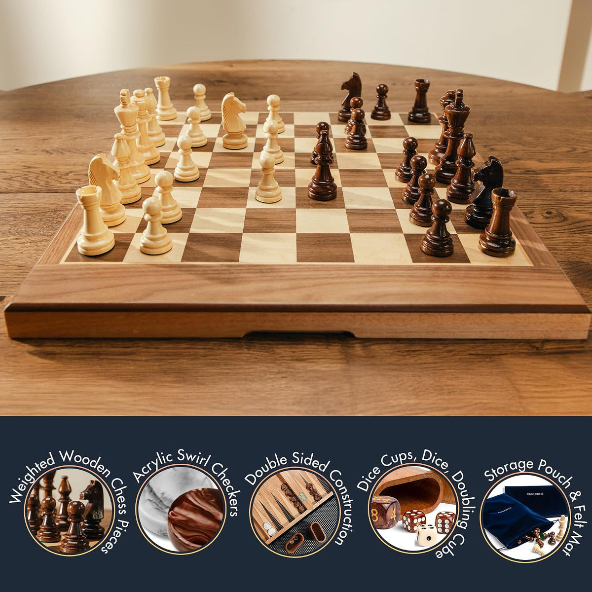 Pointworks Juego de ajedrez, damas y backgammon de 17 pulgadas para adultos, juego de ajedrez de madera combo, tablero plegable portátil de dos lados diseño multi juego, incrustación de nogal y arce
