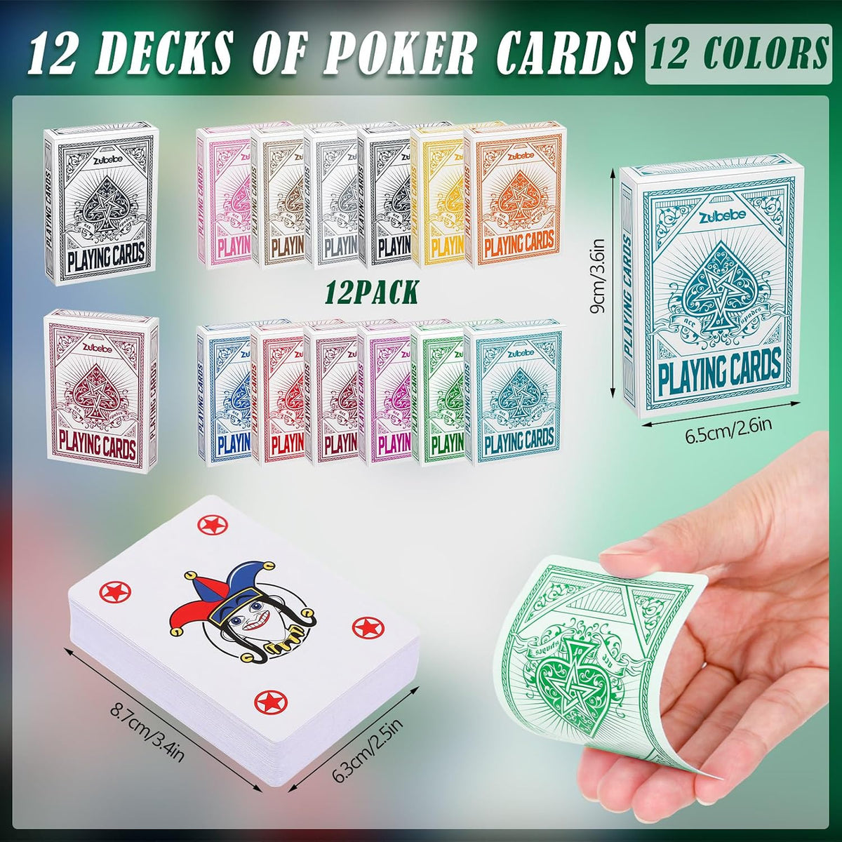 Zubebe 12 piezas de cartas a granel, tamaño de póquer, barajas de 12