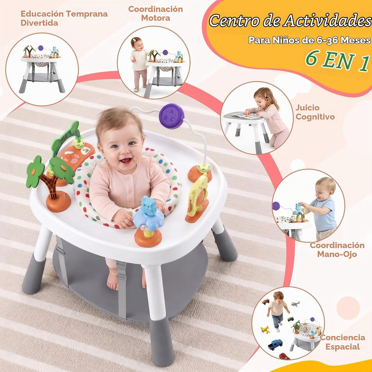 Centro de actividades para bebés 6 en 1, mesa de actividad estacionaria