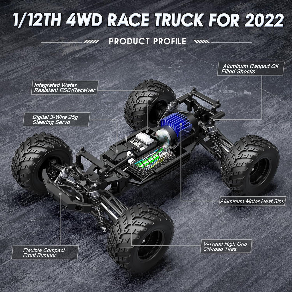 HAIBOXING Autos RC a escala 1:12 903 Camión Monstruo RC, velocidad de 23.6 mph, Autos RC de hobby rápidos para niños y adultos, juguetes de regalo, control remoto eléctrico de 2.4 GHz, camiones de