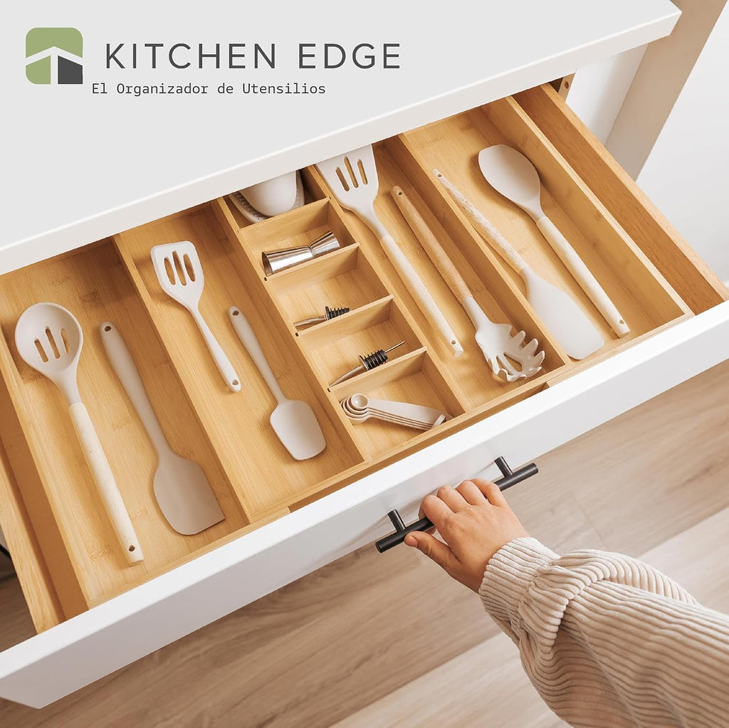 Organizador de cajones de cocina ajustable para utensilios y basura, expandible a 28 pulgadas de ancho, 9 compartimentos, 100% bambú