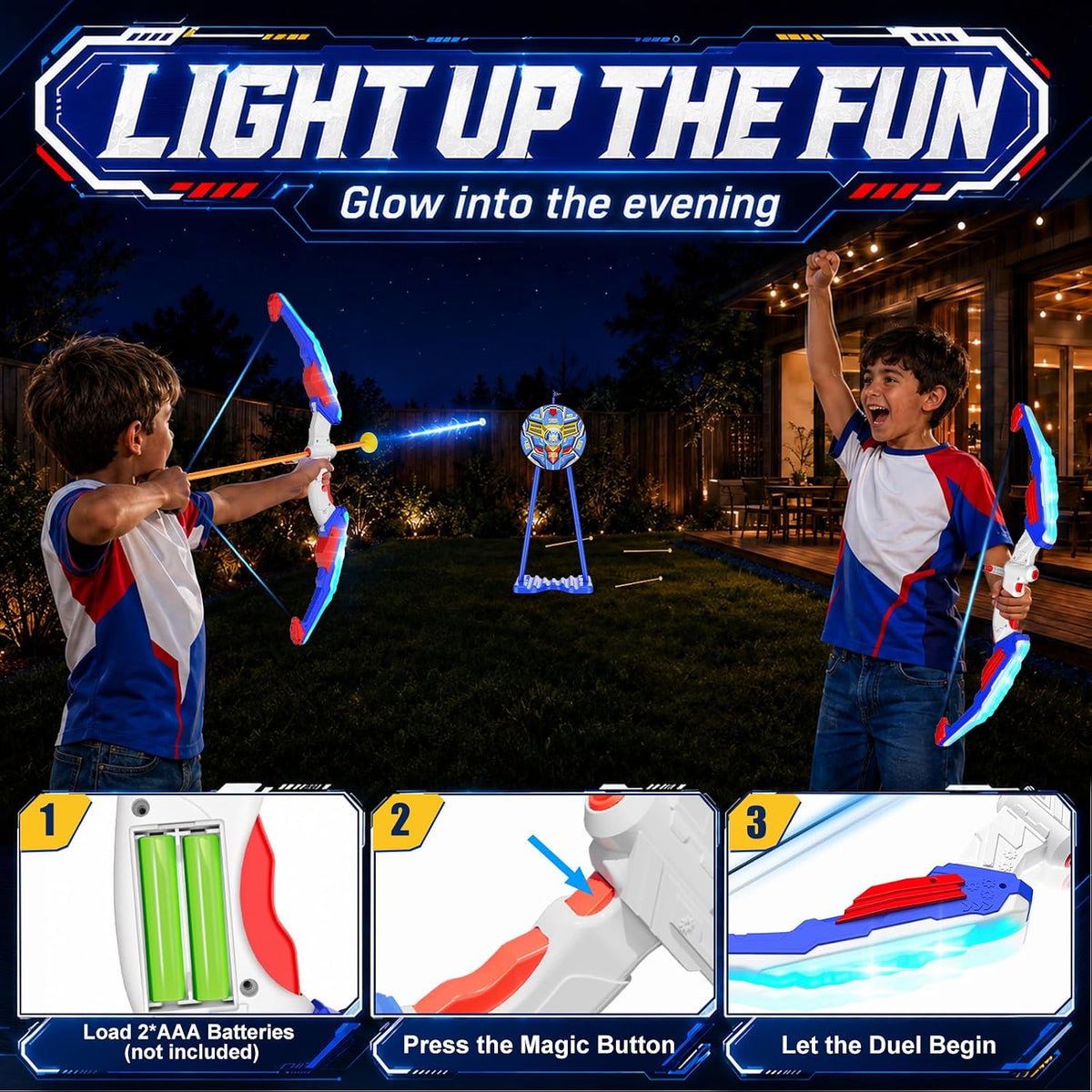 Paquete de 2 juguetes de arco y flecha para niños, con luz LED, con 20 flechas de ventosa, objetivo de pie y funda de flecha, juguetes para interiores y exteriores, regalos de cumpleaños para niños de