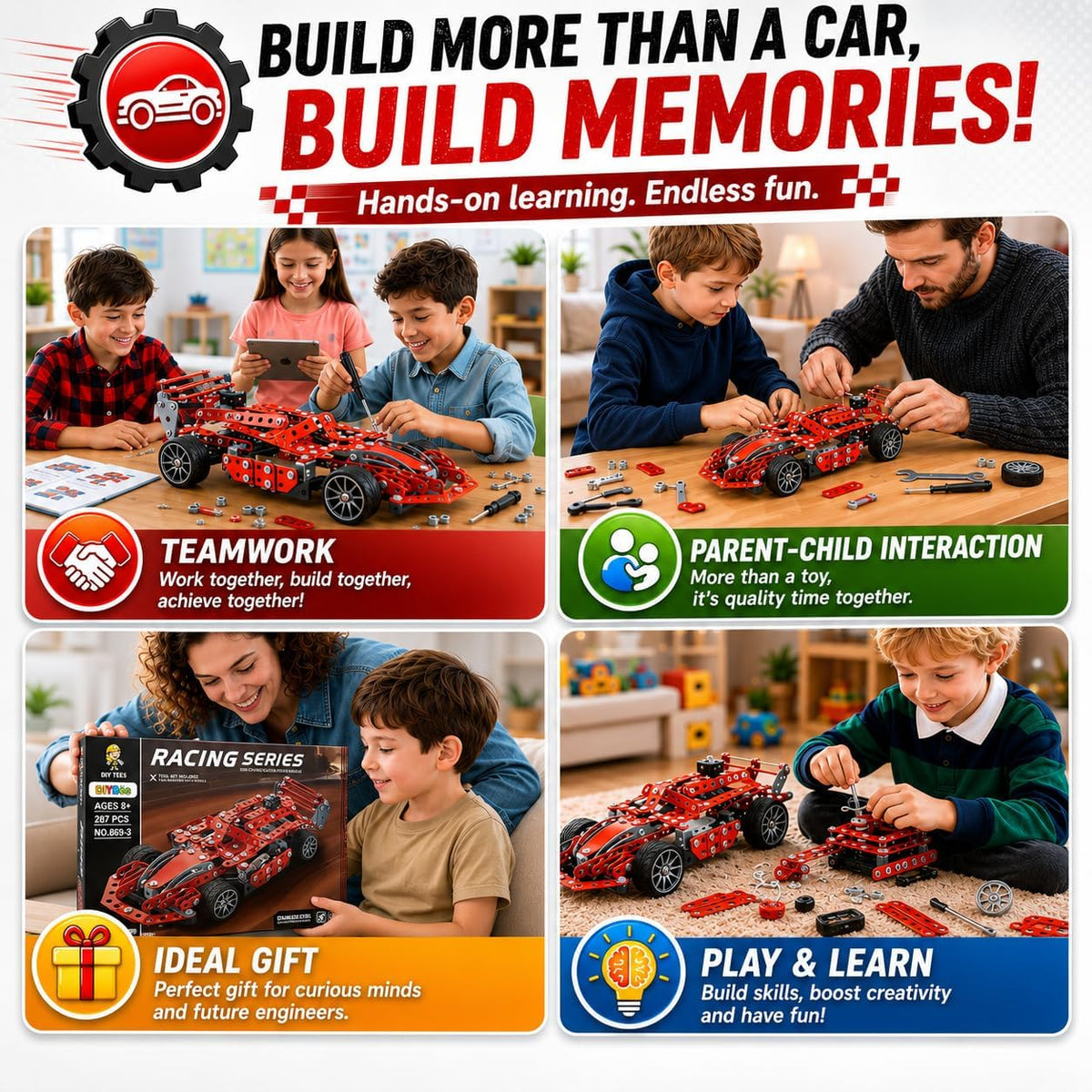 Kit de coche modelo de metal, 287 piezas de juguetes de construcción