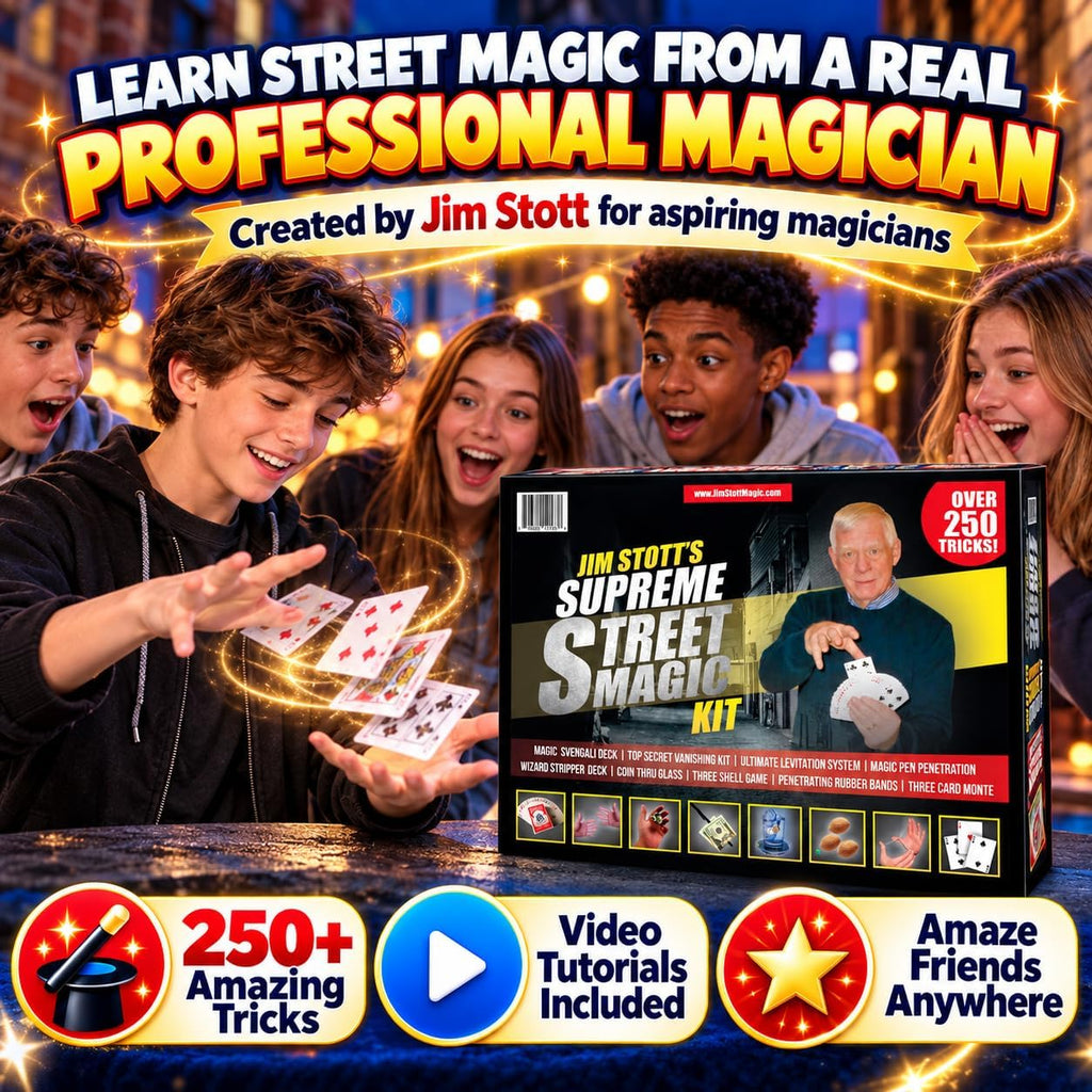 Jim Stott's Supreme Street Magic Kit – Más de 250 trucos de magia fáciles para niños a partir de 8 años, adolescentes y adultos | Trucos de cartas, magia de monedas