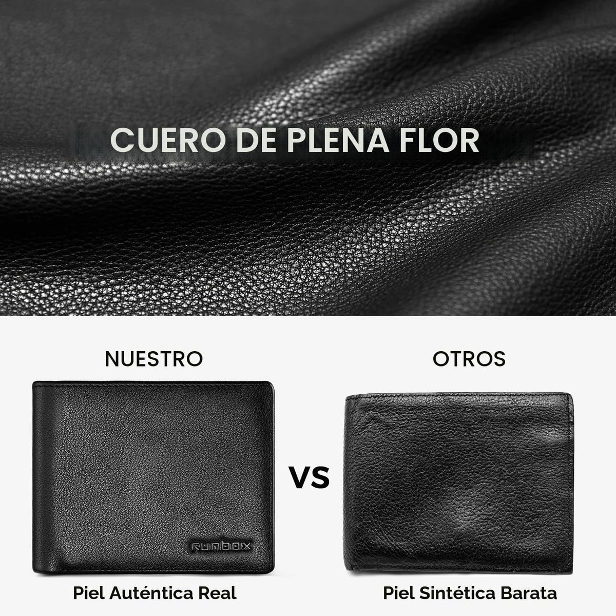 Cartera RUNBOX para Hombre de Cuero con Bloqueo RFID Bifold para Bolsillo Frontal